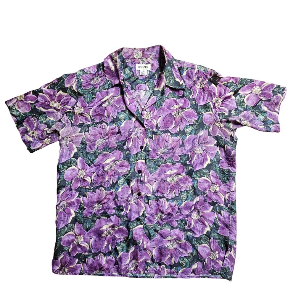 Bogari Womens 100% Silk Floral Button Up Short Sleeve Shirt M Quiet Luxury